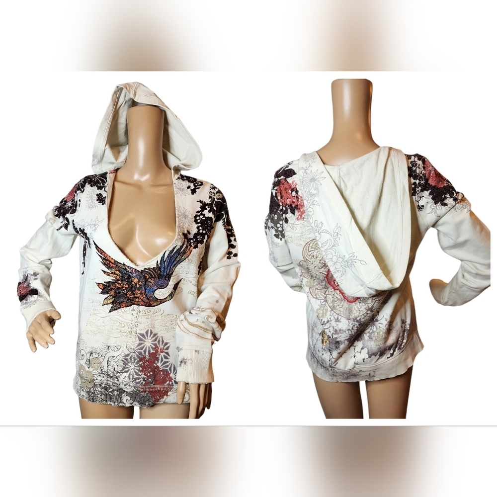 Lucky Brand Cream Multi Bird Graphic Hooded Sweatshirt